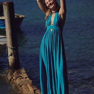 Free People Look Into The Sun Halter Maxi Moon Smocked Cutout Dress L